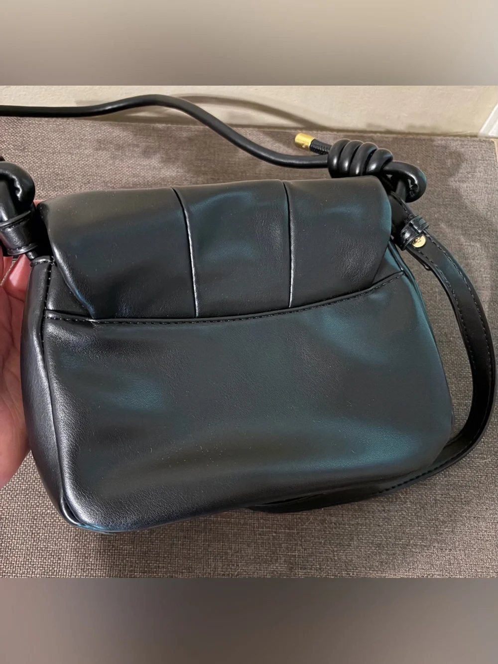 Rachel Zoe Black Leather Shoulder Bag with Knotted Strap & Gold Accents